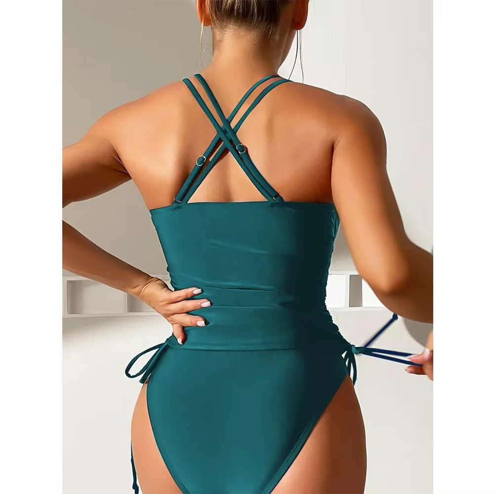 Solid Color Swimsuit Women 2026 High Waist Tankini V-Neck 2 Piece Suspender Bikini Bathing Suit Lace-Up Backless Beach Swimwear