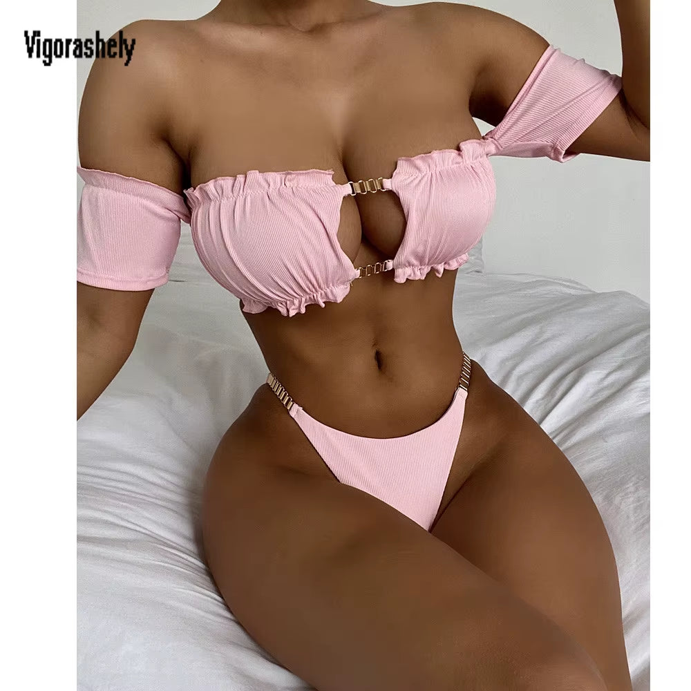 Sexy off Shoulder Bikini 2026 Short Sleeve Swimsuit Women Bandeau Swimwear Ruffle Push up Bikinis Bathing Suit Swim