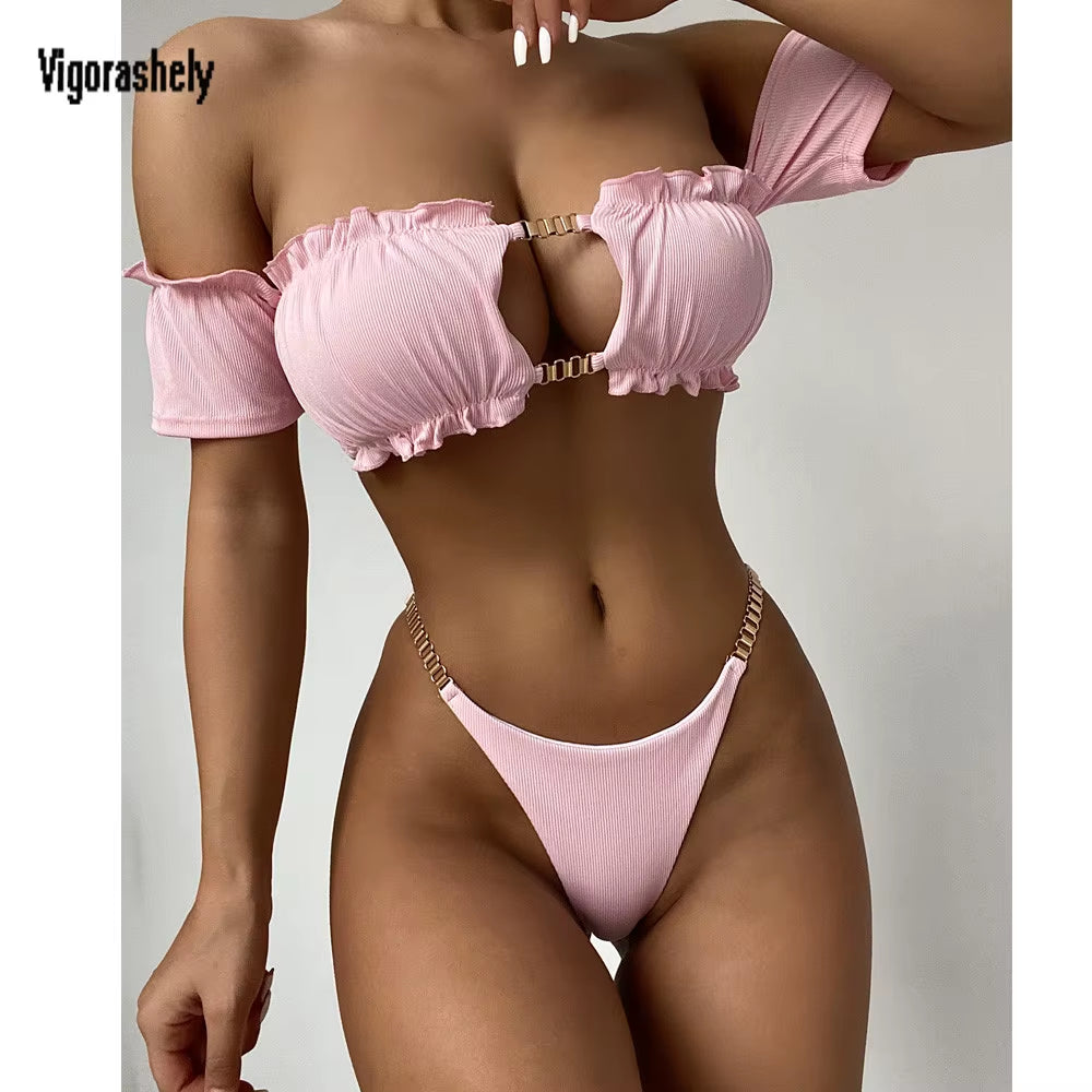 Sexy off Shoulder Bikini 2026 Short Sleeve Swimsuit Women Bandeau Swimwear Ruffle Push up Bikinis Bathing Suit Swim