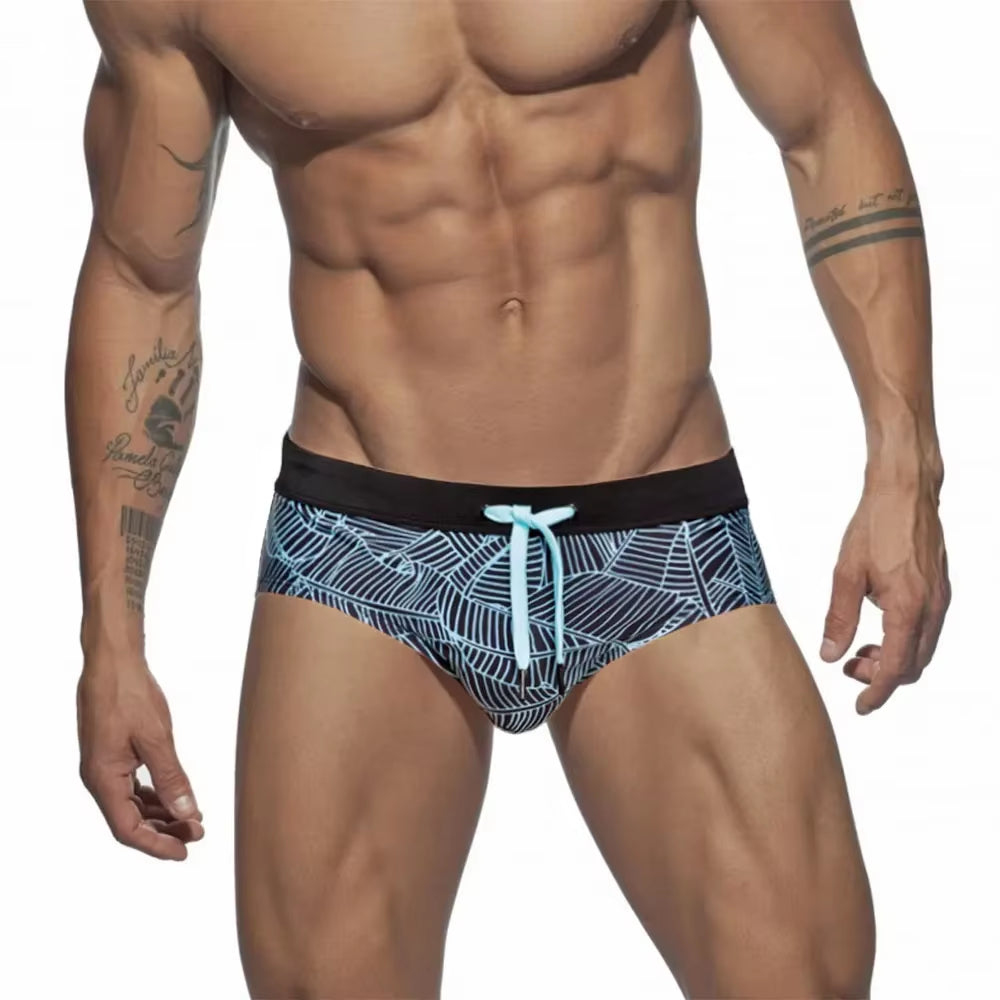 Men Swimwear Sexy Swimming Trunks Briefs Low Waist Mens Leaf Swim Trunk Brief Man Swimsuit Beachwear Beach Bikini Surfing Shorts