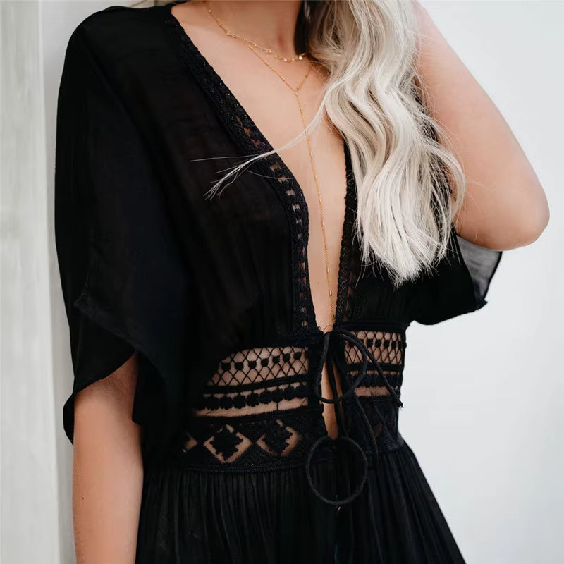 S-3XL plus Size Women Beach Dress Solid Black White Lace Beachwear Sun Protection Clothes Knitted Swimsuits Women Beach Cover Up
