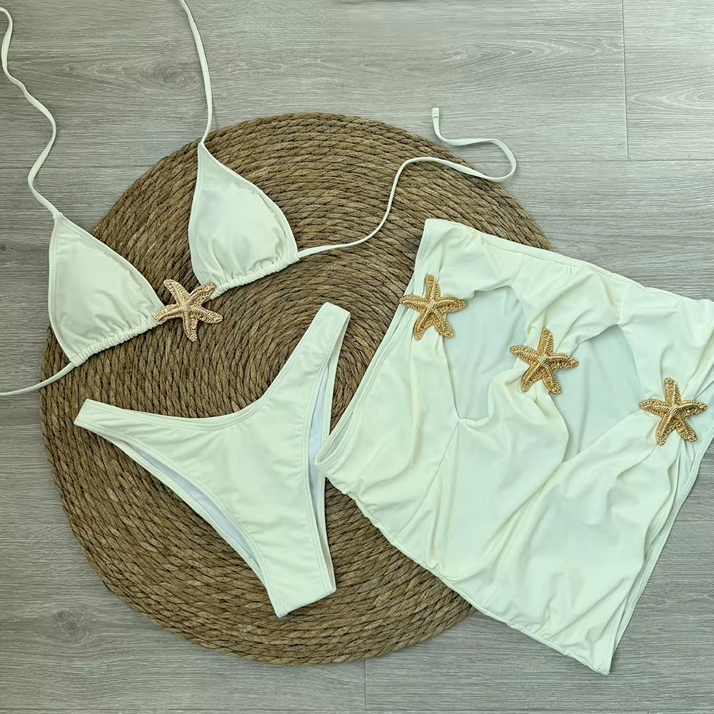 Sexy Starfish 3 Pieces Bikinis 2024 Swimsuit for Women Black Swimwear Brazilian Bikini Set Biquini Female Swimuits Beachwear