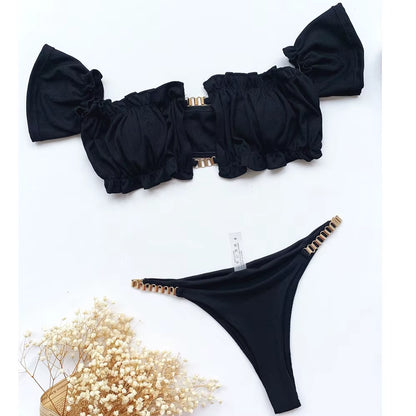 Sexy off Shoulder Bikini 2026 Short Sleeve Swimsuit Women Bandeau Swimwear Ruffle Push up Bikinis Bathing Suit Swim
