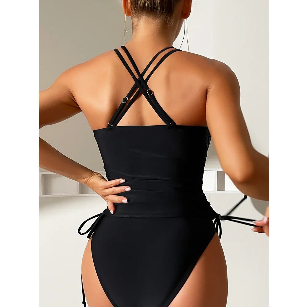 Solid Color Swimsuit Women 2026 High Waist Tankini V-Neck 2 Piece Suspender Bikini Bathing Suit Lace-Up Backless Beach Swimwear