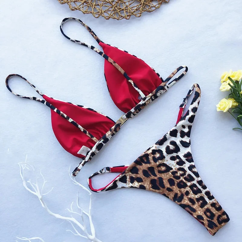 2024 Micro Leopard Bikini Women High Cut Bandage Push up Swimsuit Sexy Bathing Suit Padded Thong Swimwear,Summer Beach Vacation