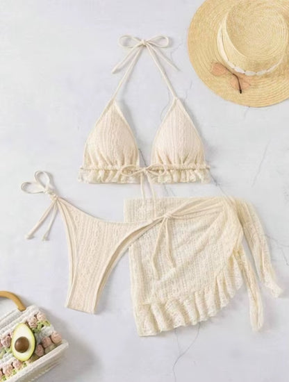 2025 Women Sexy Halter Bikini 3 Piece Set Solid Milky White Swimsuit with Mesh Cover Ups Beach Vacation Brazilian Bathing Suit