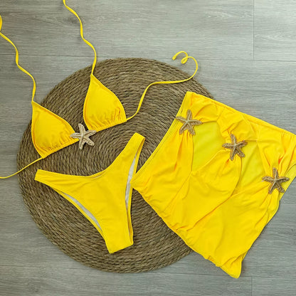 Sexy Starfish 3 Pieces Bikinis 2024 Swimsuit for Women Black Swimwear Brazilian Bikini Set Biquini Female Swimuits Beachwear