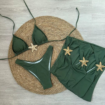 Sexy Starfish 3 Pieces Bikinis 2024 Swimsuit for Women Black Swimwear Brazilian Bikini Set Biquini Female Swimuits Beachwear