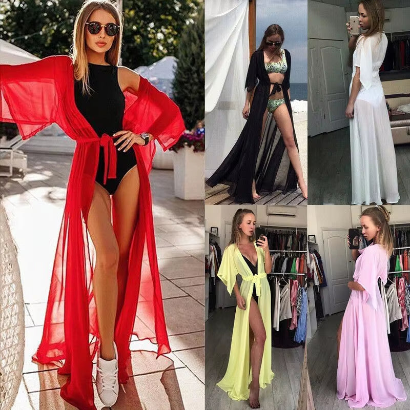 Summer Lady Beach Cover up Sexy Bikini 2024 Chiffon Long Dress for Women Solid Beach Dress Women Bathing Suit Beach Tunic Kaftan