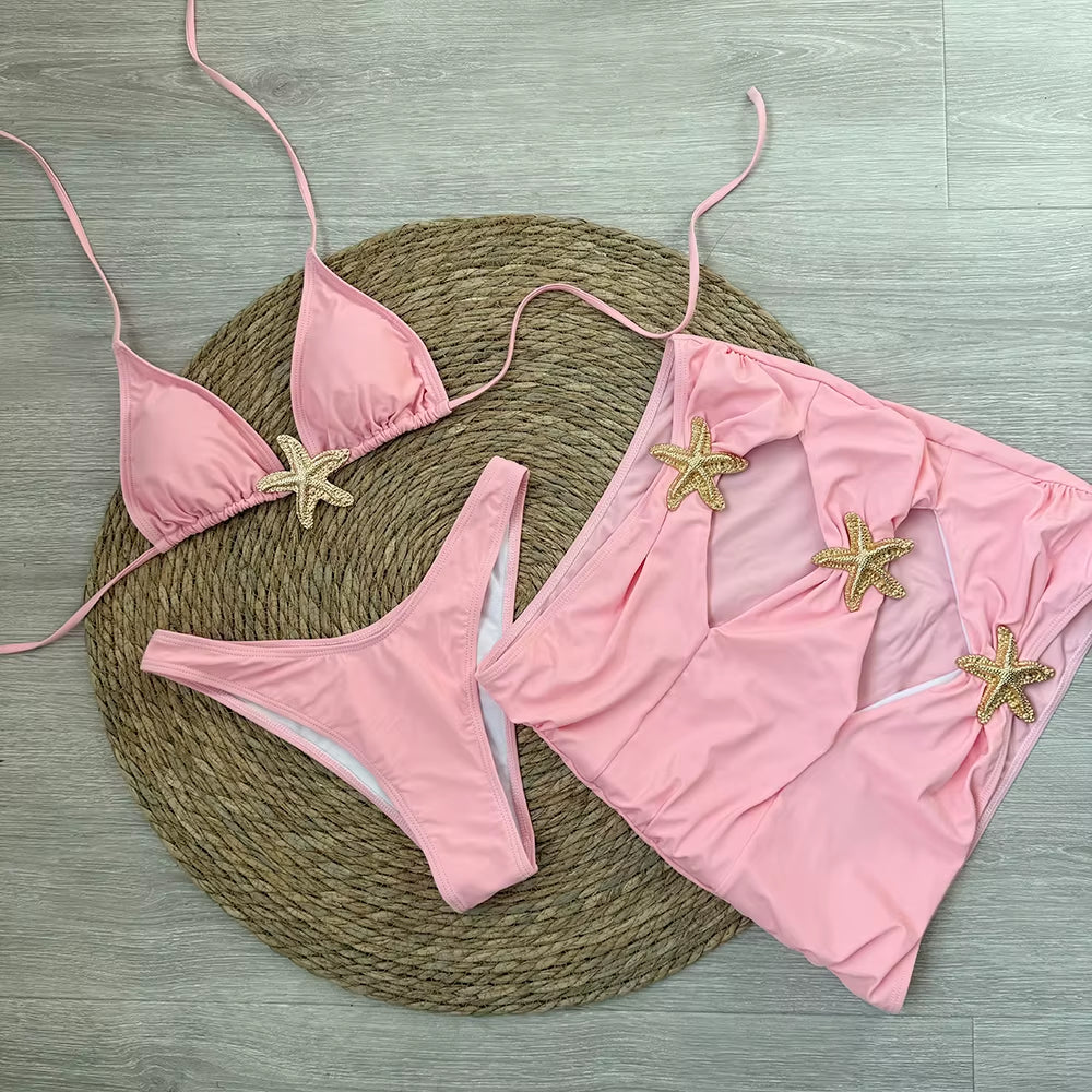 Sexy Starfish 3 Pieces Bikinis 2024 Swimsuit for Women Black Swimwear Brazilian Bikini Set Biquini Female Swimuits Beachwear