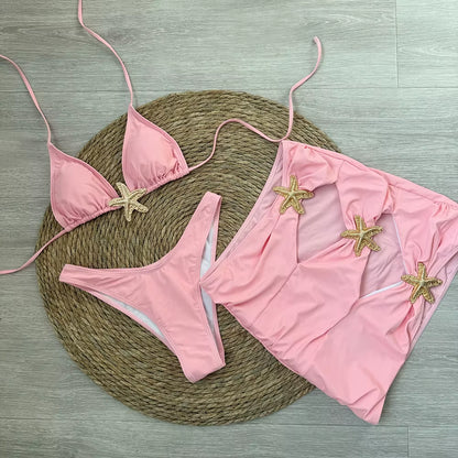 Sexy Starfish 3 Pieces Bikinis 2024 Swimsuit for Women Black Swimwear Brazilian Bikini Set Biquini Female Swimuits Beachwear