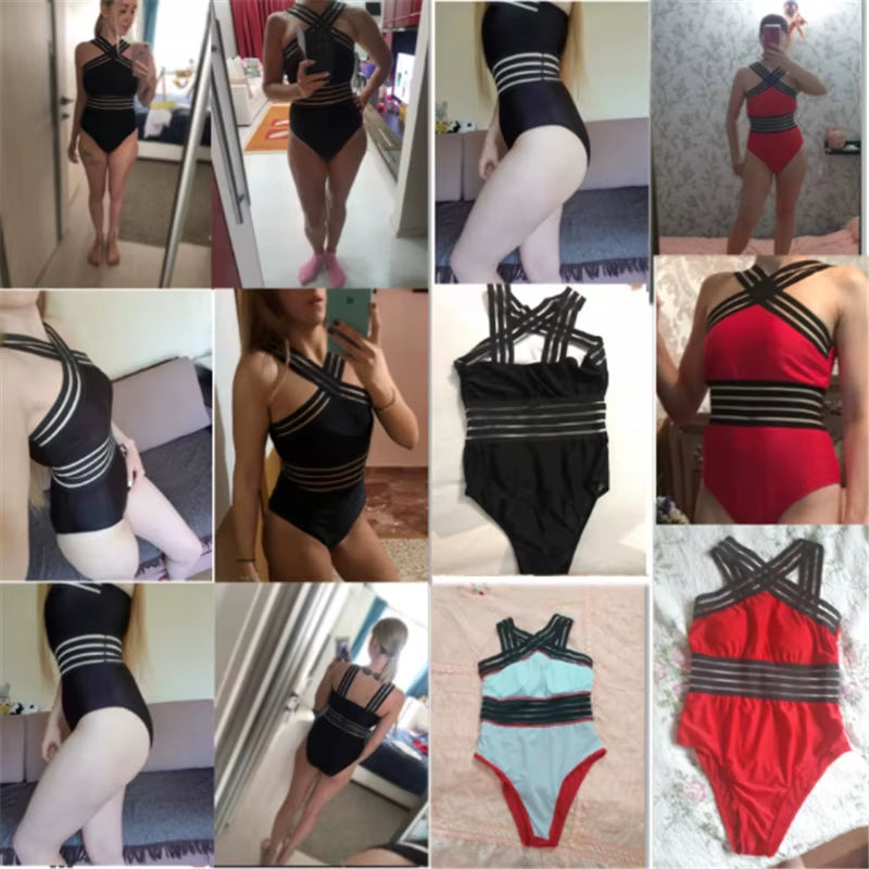 Women Bodysuit Swimsuits 2025 Summer One_Piece Swimwear for Lady High Neck Bandage Cross Back Padded up Swimming Suit for Women