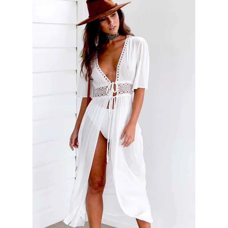 S-3XL plus Size Women Beach Dress Solid Black White Lace Beachwear Sun Protection Clothes Knitted Swimsuits Women Beach Cover Up