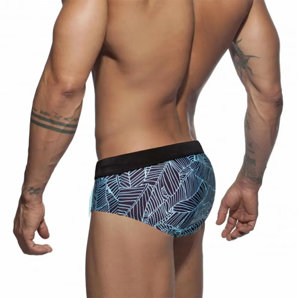 Men Swimwear Sexy Swimming Trunks Briefs Low Waist Mens Leaf Swim Trunk Brief Man Swimsuit Beachwear Beach Bikini Surfing Shorts