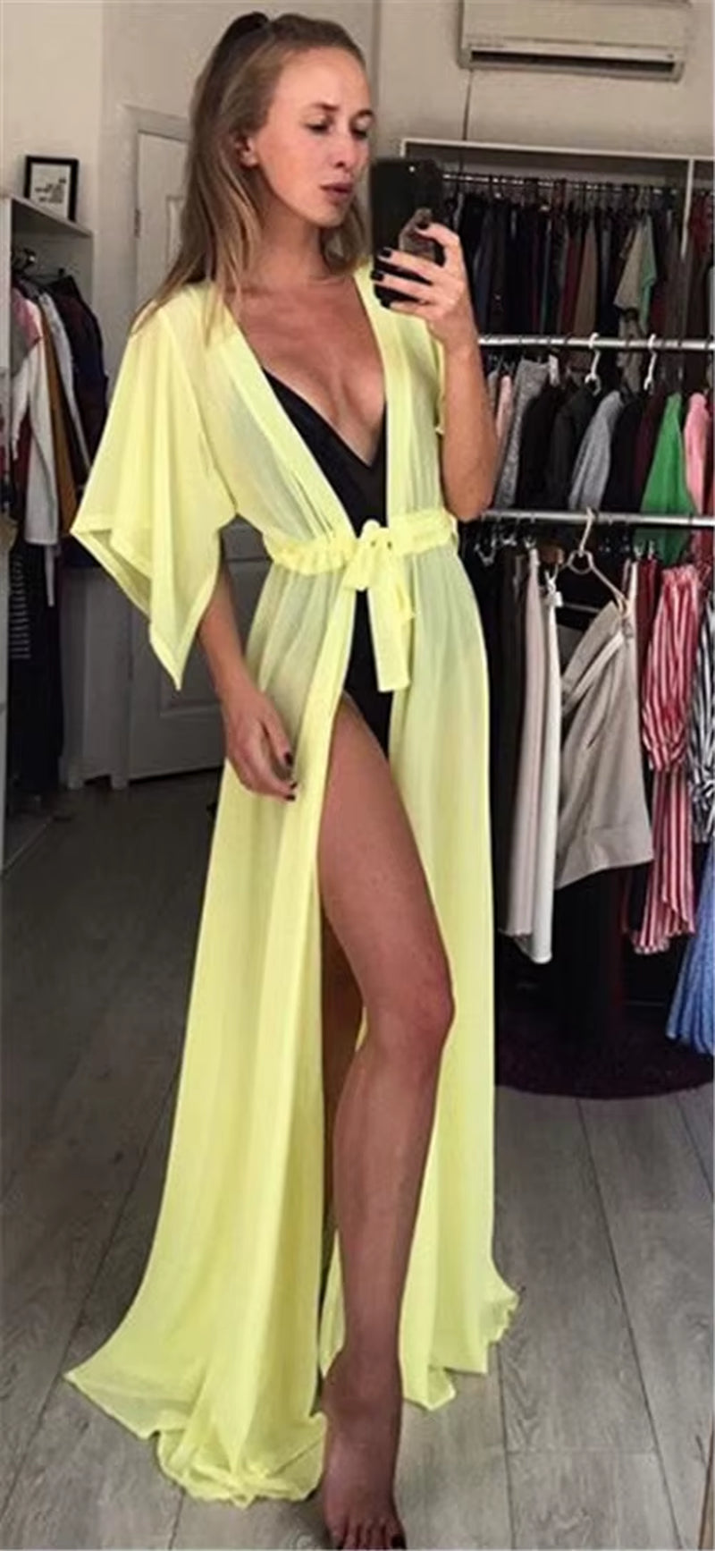 Summer Lady Beach Cover up Sexy Bikini 2024 Chiffon Long Dress for Women Solid Beach Dress Women Bathing Suit Beach Tunic Kaftan