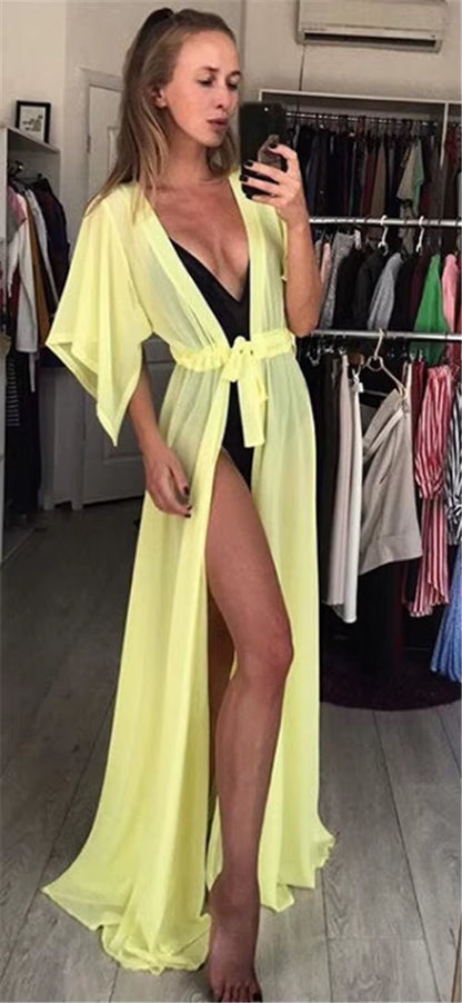 Summer Lady Beach Cover up Sexy Bikini 2024 Chiffon Long Dress for Women Solid Beach Dress Women Bathing Suit Beach Tunic Kaftan