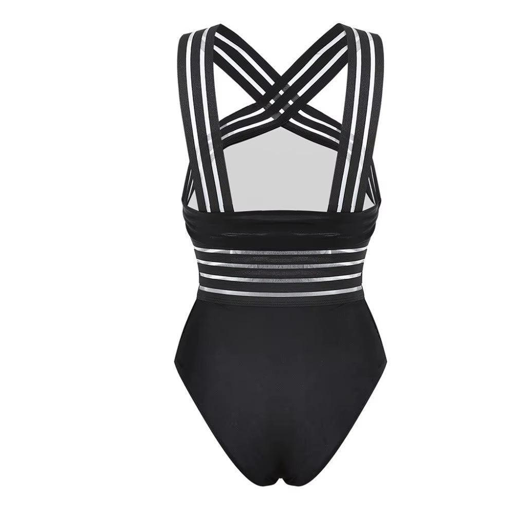 Women Bodysuit Swimsuits 2025 Summer One_Piece Swimwear for Lady High Neck Bandage Cross Back Padded up Swimming Suit for Women