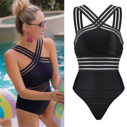 Women Bodysuit Swimsuits 2025 Summer One_Piece Swimwear for Lady High Neck Bandage Cross Back Padded up Swimming Suit for Women