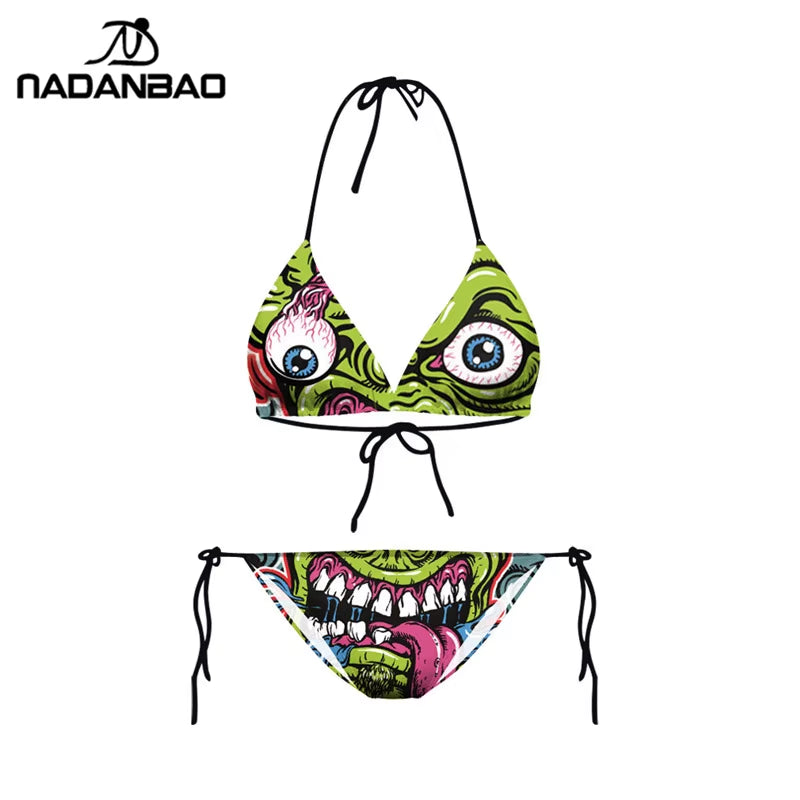 Bikini 2025 Plavky Mujer Sexy Set Swimsuit Biquini Skull Printed Women Bra Swimwear Green Bathing Suit Bikinis Y03002