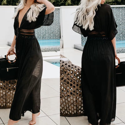 S-3XL plus Size Women Beach Dress Solid Black White Lace Beachwear Sun Protection Clothes Knitted Swimsuits Women Beach Cover Up