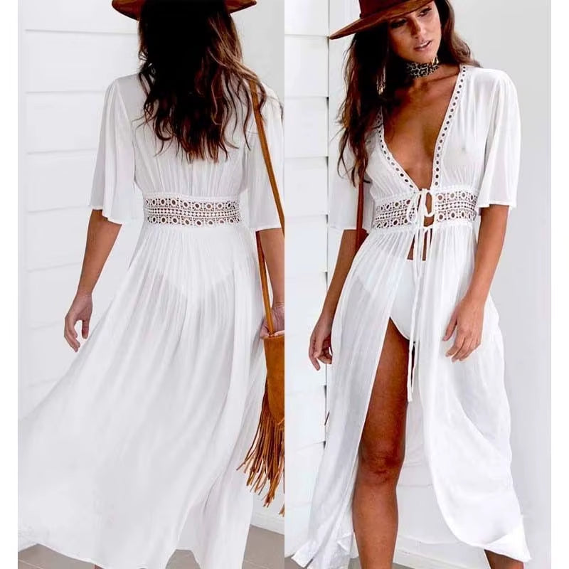 S-3XL plus Size Women Beach Dress Solid Black White Lace Beachwear Sun Protection Clothes Knitted Swimsuits Women Beach Cover Up