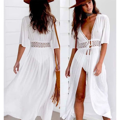 S-3XL plus Size Women Beach Dress Solid Black White Lace Beachwear Sun Protection Clothes Knitted Swimsuits Women Beach Cover Up