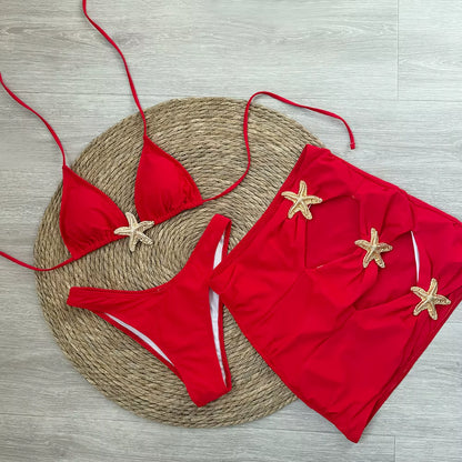 Sexy Starfish 3 Pieces Bikinis 2024 Swimsuit for Women Black Swimwear Brazilian Bikini Set Biquini Female Swimuits Beachwear