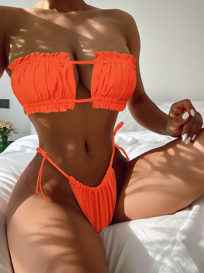 Sexy Bikini 2026 Pleated Bandeau Swimsuit Female Swimwear Women Mini Thong Bikini Set Bather Swimming Beachwear for Bathing Suit