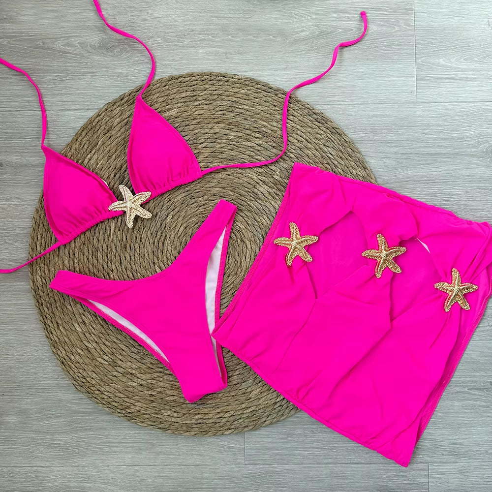 Sexy Starfish 3 Pieces Bikinis 2024 Swimsuit for Women Black Swimwear Brazilian Bikini Set Biquini Female Swimuits Beachwear