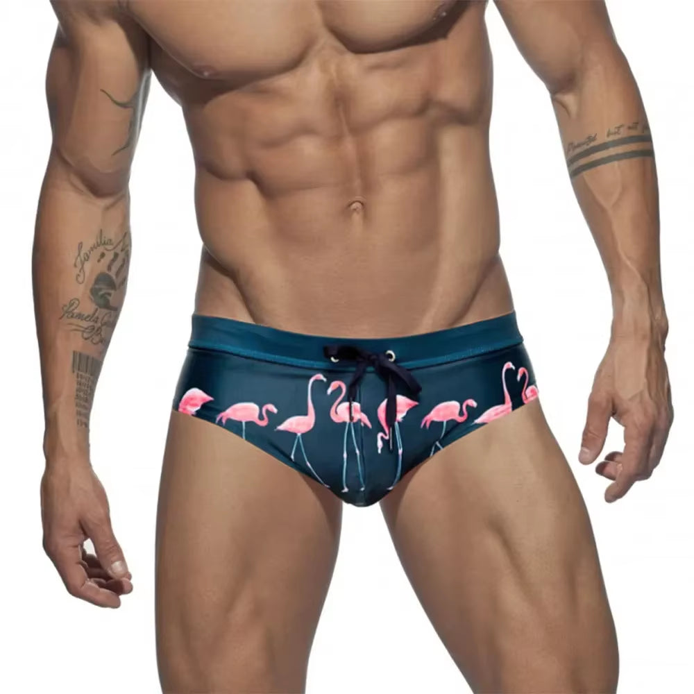 Men Swimwear Sexy Swimming Trunks Briefs Low Waist Mens Leaf Swim Trunk Brief Man Swimsuit Beachwear Beach Bikini Surfing Shorts