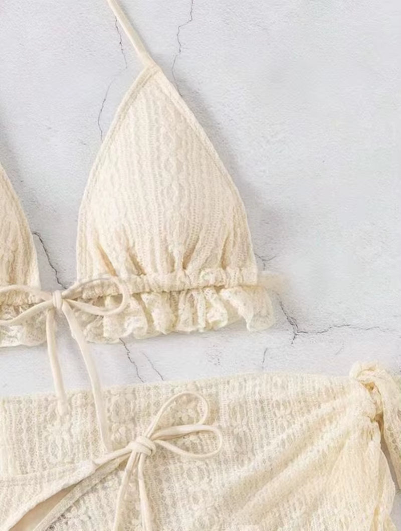 2025 Women Sexy Halter Bikini 3 Piece Set Solid Milky White Swimsuit with Mesh Cover Ups Beach Vacation Brazilian Bathing Suit