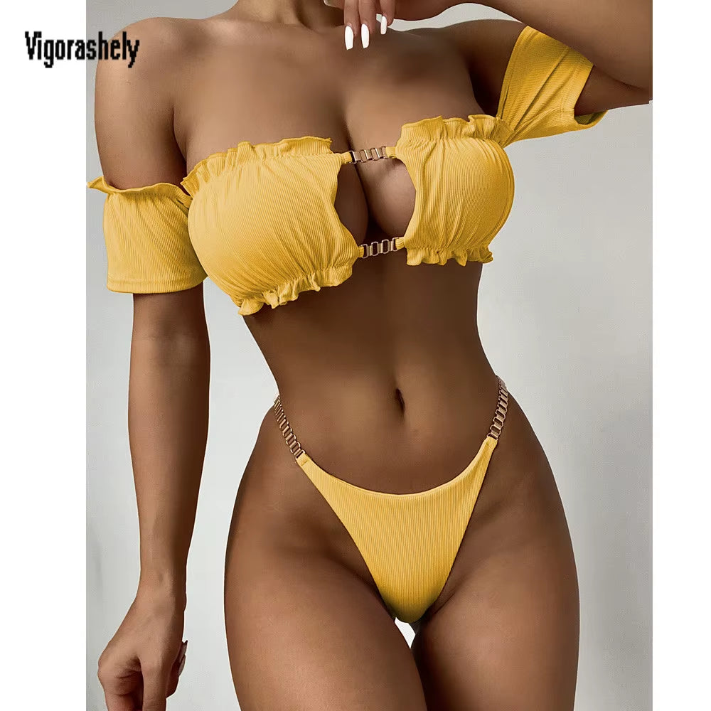 Sexy off Shoulder Bikini 2026 Short Sleeve Swimsuit Women Bandeau Swimwear Ruffle Push up Bikinis Bathing Suit Swim