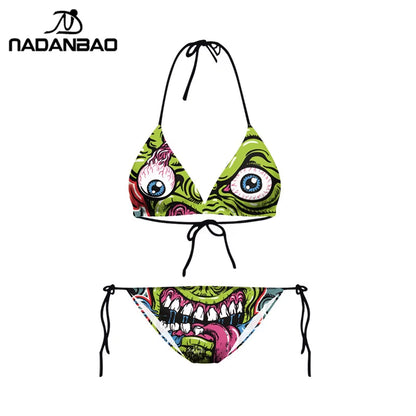 Bikini 2025 Plavky Mujer Sexy Set Swimsuit Biquini Skull Printed Women Bra Swimwear Green Bathing Suit Bikinis Y03002