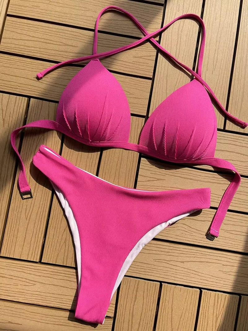 Sexy Halter Push up Bra Cup Bikini 2025 Women Swimsuit Female Swimwear Two Pieces Bikini Set Brazilian Bathing Suit Swim Beach