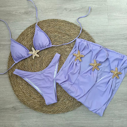 Sexy Starfish 3 Pieces Bikinis 2024 Swimsuit for Women Black Swimwear Brazilian Bikini Set Biquini Female Swimuits Beachwear