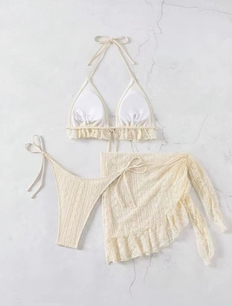 2025 Women Sexy Halter Bikini 3 Piece Set Solid Milky White Swimsuit with Mesh Cover Ups Beach Vacation Brazilian Bathing Suit