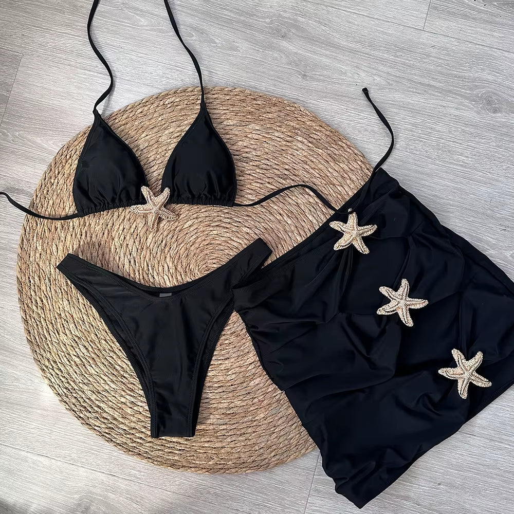 Sexy Starfish 3 Pieces Bikinis 2024 Swimsuit for Women Black Swimwear Brazilian Bikini Set Biquini Female Swimuits Beachwear