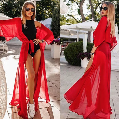 Summer Lady Beach Cover up Sexy Bikini 2024 Chiffon Long Dress for Women Solid Beach Dress Women Bathing Suit Beach Tunic Kaftan