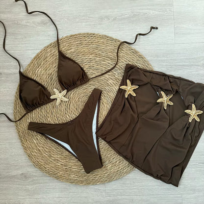 Sexy Starfish 3 Pieces Bikinis 2024 Swimsuit for Women Black Swimwear Brazilian Bikini Set Biquini Female Swimuits Beachwear