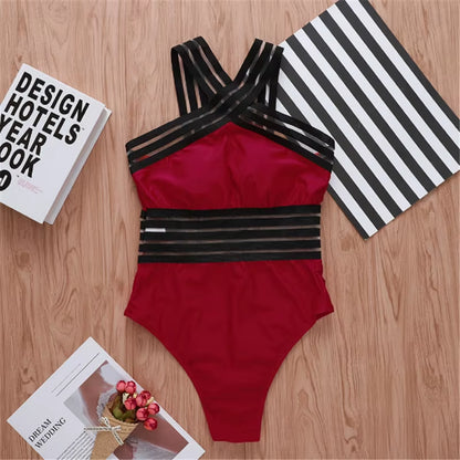 Women Bodysuit Swimsuits 2025 Summer One_Piece Swimwear for Lady High Neck Bandage Cross Back Padded up Swimming Suit for Women
