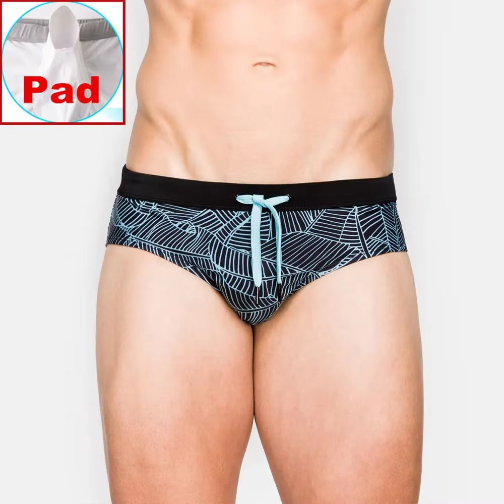 Men Swimwear Sexy Swimming Trunks Briefs Low Waist Mens Leaf Swim Trunk Brief Man Swimsuit Beachwear Beach Bikini Surfing Shorts
