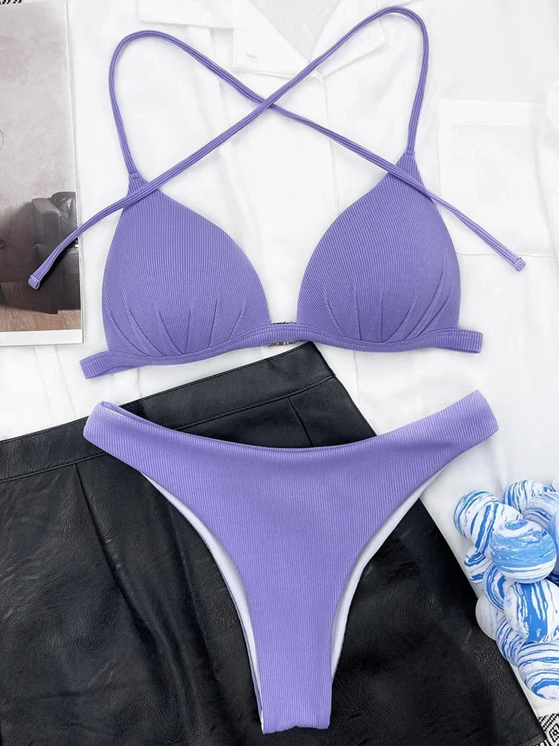 Sexy Halter Push up Bra Cup Bikini 2025 Women Swimsuit Female Swimwear Two Pieces Bikini Set Brazilian Bathing Suit Swim Beach