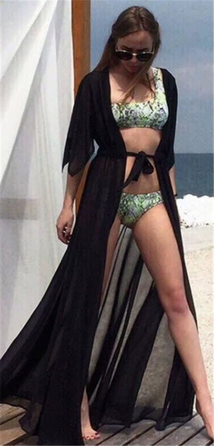 Summer Lady Beach Cover up Sexy Bikini 2024 Chiffon Long Dress for Women Solid Beach Dress Women Bathing Suit Beach Tunic Kaftan
