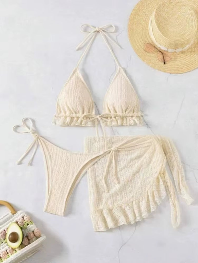 2025 Women Sexy Halter Bikini 3 Piece Set Solid Milky White Swimsuit with Mesh Cover Ups Beach Vacation Brazilian Bathing Suit